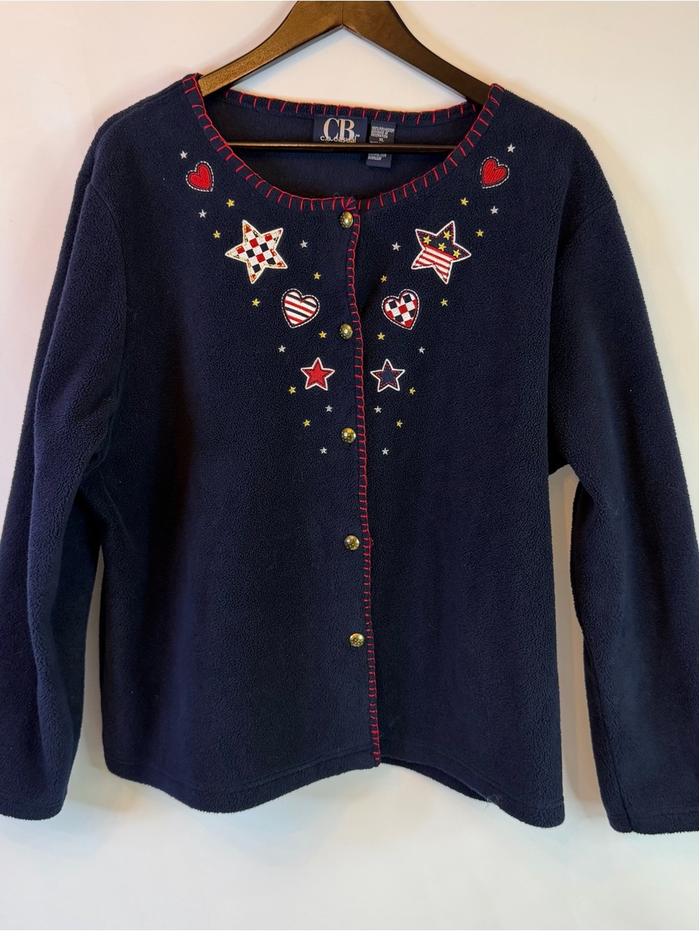 CB Casual Navy Cardigan Womens XL Hearts Stars Whipstich Warm Cozy Fleece